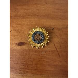 Large Vintage Style Crystal Sunflower Brooch Pin Gold Tone Enamel Rhinestone